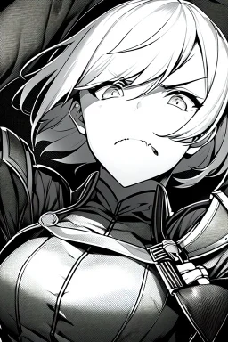 military girl, angry face, close-up, greyscale