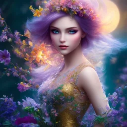 bright fairy, beautiful portrait, flowery landscape