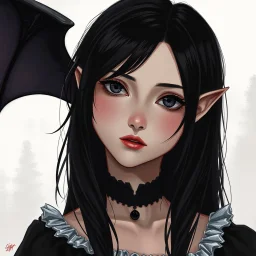a pretty girl, 14 years old, black hair, vampire, realism, stylised, serana