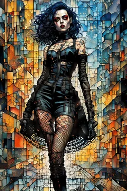 Create chaotic abstract cubist full body portrait of an epic raging science fiction fantasy hardcore mercenary Goth cyberpunk dead girl , with finely lined and detailed facial features, in a tattered gothic dress, fishnet stockings ,battered combat boots, in the style of Bill Sienkiewicz, Philippe Druillet, Gustav Klimt, and Jean Giraud Moebius, precisely drawn, colored and inked