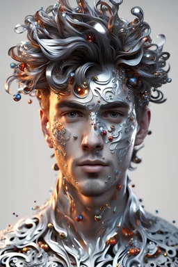 PAPERCUT 3d photo realistic portrait of young man, fantasy, handsome, hard eyes, shiny streaks of paint, filigree, shiny paint blobs, shiny white transparent skin, shiny molten metalics, baubles, papercut, wild hair, high definition, octane render, 64k, 3d