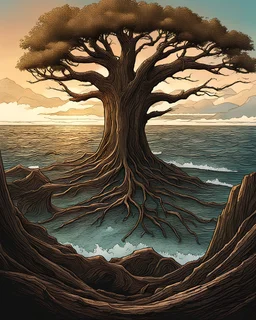 a great tree trunk takes up the majority of the screen. It is surrounded by ocean, which pours into the center of the charred wooden flesh. There are no mountains or other trees surrounding it, and there are no leaves