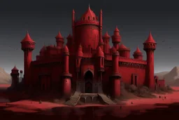 A dark red vampiric fortress designed in African pottery painted by Giovanni Battista Sassi