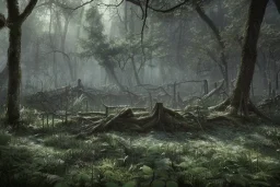 Overgrown burial ground ruins deep in a dense forest, dark fantasy, moonlight shafts, night time, fireflies