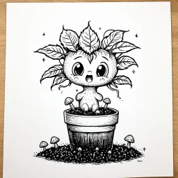 Make black and white cute drawing of a Mandrake with black bold lines. Only outline, no grayscale. A funny, baby-like mandrake plant with leafy "hair," sticking out of a pot. It has a cute, exaggerated screaming face as if it’s being pulled out of the soil, surrounded by sparkles and tiny magical mushrooms.