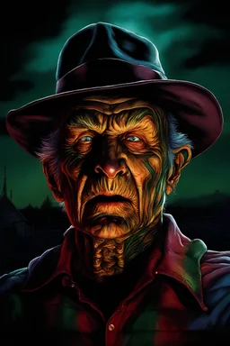 in the dead of night the bright moon shines down on a giant, extremely colorful Freddy Krueger facial portrait, standing outside the home of his next victim, in the art style of Boris Vallejo,