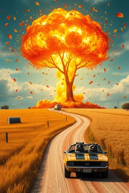 a nuclear explosion mushroom cloud that looks like a autumn tree full of leaves, leaves falling everywhere. bottom 2/3 is a curved dirt road through a wheat field, a wind is blowing away from the tree. a business front is in the middle of the left field, large at bottom on the road is a 1971 Camaro convertible with 2 animated racoons inside