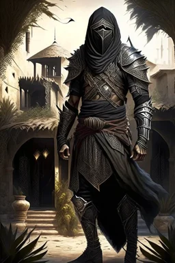 Arab warrior Full Body Full Armored Wearing Face Masculine Mysterious Powerful Fantasy High Quality with his bow black clothes His house behind him