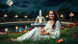 Hyper Realistic Photographic Close View Of Pakistani Pashto Young Woman [Age 24] Happily Sitting On A Beautiful Green Grass Wearing A Traditional Beautiful White Dress Inside (Delicate Necklace And A Diamond Ring) A Colorful Flower Garden Near A Water Pond With Water Fountain Between The Pond With Artist Street Lamps Surrounding The Pond At Dark Cloudy Full Moon Night Showing Dramatic And Cinematic Ambiance.