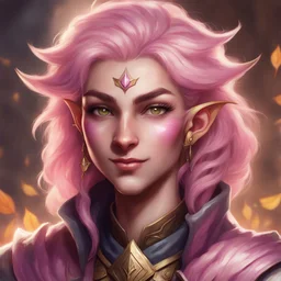 Generate a dungeons and dragons character portrait of the face of a nonbinary autumn Eladrin. She is a sorcerer with wild magic. Her hair is off-white to pink and voluminous. Her skin is very pale and pinkish. Her eyes are golden. She is a little scruffy, unkempt, and mischievous smile.