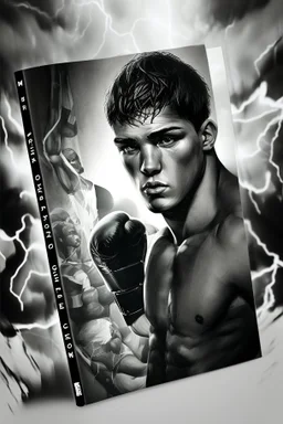 white skin man , book cover design reflecting the journey of a young, ex-boxer fighting immigrant with a heavy past and long path of challenges. The design captures his hopeful spirit amidst adversity, portrayed in a modern setting with a black and white color scheme that adds depth and emotion to his character.