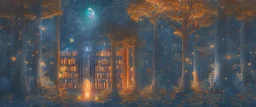 a huge library in forest with fireflies and orange mystic lights around trees that have wide leaves and broad trunked. At night with moon light. Realistic