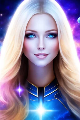 cosmic woman smile, admiral from the future, galactic confédération, fine whole face, crystalline skin, expressive blue eyes,rainbow, smiling lips, very nice smile, costume pleiadian, Beautiful tall woman pleiadian Galactic commander, ship, perfect datailed golden galactic suit, high rank, long blond hair, hand whit five perfect detailed finger, amazing big blue eyes, smilling mouth, high drfinition lips, cosmic happiness, bright colors, blue, pink, gold, jewels, realist, high,rainbows