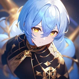 Clear focus, High resolution, short light blue fluffy hair, hair between eyes, yellow eyes, wearing black magma shorts, detailed outfit, blue and black outfit, gold accessory, female