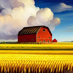 farmhouse and barn with a ripe wheat field next to it. The ears of corn bend in the wind, the sky is bright blue with lovely fluffy clouds. Modifiers: fantasy oil on canvas beautiful high detail ultra detailed crisp quality Guido Borelli da Caluso Leonid Afremov Alex Alemany Sherry Akrami © Crystaldelic