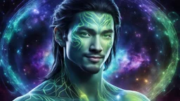 beautiful gorgeous young man na'vi with long hair, Avatar, blue skin, two small ears, green eyes, black hair, in cosmic suit, galactic ambiance, medium pointy goatee , smiling, nebulas and sacred geometry light figures on the backgroud,