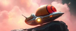 space ship, shiny bright slug mega ship snail, interdimensional twister, rock against colored spaced fog