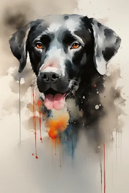 A portrait of black Labrador by Willem Haenraets, watercolor, wet on wet and splattering techniques, centered, perfect composition, abstraction, surrealism