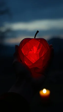 A red Chrystal Apple in a hand of beautiful women holding it in the dark with candle in the background distant