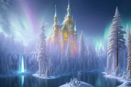  white and gold crystal castle，waterfall, winter snow flakessnow, northern Lights, full of details, smooth, bright sunshine，soft light atmosphere, light effect，vaporwave colorful, concept art, smooth, extremely sharp detail, finely tuned detail, ultra high definition, 8 k, unreal engine 5, ultra sharp focus