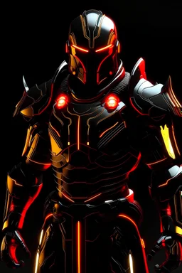 Jet black armor with gold highlights. Has glowing red eyes and tron lines. Also has pieces of red cloth around the body with a red cape.