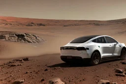 A Tesla 'Model S' is racing at top speed, at the Cydonia region on Mars. (CINEMATIC, WIDE ANGLE LENS, PHOTO REAL)