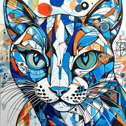 A colorful, abstract painting of a cat with exaggerated features. The dog has large eyes, a patchwork of blue, orange and tan fur, with black outline details giving a scribbled effect. the image is in the middle of a white canvas. The background should be clean and mostly white, with subtle geometric shapes and thin, straight lines that intersect with dotted nodes.The style is expressive and textured, reminiscent of outsider art.