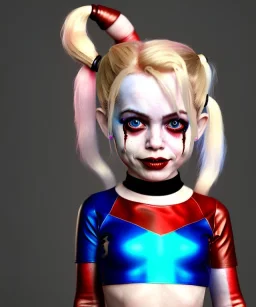 Harley quinn toddler, full body, soft skin, dramatic lighting, hyper realistic