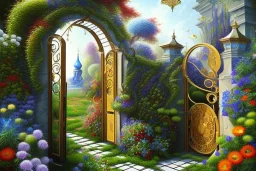 beautiful ornate gate, garden, path, flowers, fine detail, acrylic paint, Surrealism