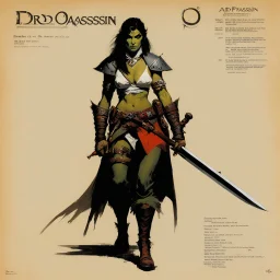 ConceptSheet: female half-orc assassin with AD&D statistics [by frank frazetta]