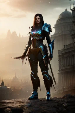 Tiefing assassin character, yellow eyes, dark hair, dark armor, waist up portrait, Demonic tail, hyperrealistic, intricate details, insanely detailed, cityscape background, natural lighting
