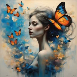 A mesmerizing mixed-media masterpiece by T. Mann NYC, seamlessly blending the styles of renowned artists such as Bouguereau, Anne Bachelier, Zdzislaw Beksinski, Dan Seagrave, J.M.W. Turner, and Van Gogh. A captivating exploration of the butterfly effect unfolds as a beautiful female silhouette takes center stage. The background artfully merges minimalist chalk pastel techniques with a dark monochrome palette, creating an enchanting atmosphere. In this masterpiece, a mesmerizing blue bird spreads