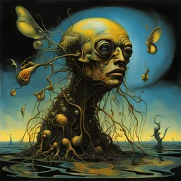 Treacle flea worms in a dark shines war, neo surrealism, by Salvador Dali, by Dave McKean, by Tomasz Setowski, stylish, vivid colors, asymmetric, expansive, surreal, Socratic method, melting acrylics, album art