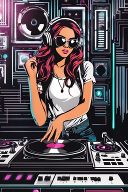 Photography super model pretty girl with headphones playing music on a turntable, dj rave party disco club