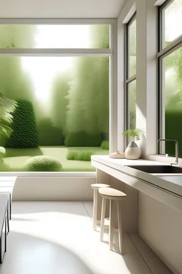 minimalist cozy kitchen with a big window a breakfast nook and view to the garden