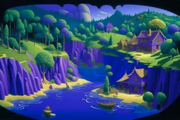 A purple cove with treasure designed in Mayan architecture painted by Grant Wood