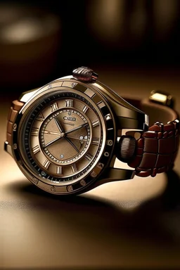 Produce a picture of the Cartier watch with a leather strap, emphasizing the combination of materials and textures."