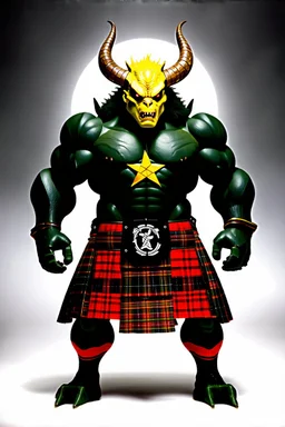 a Monster. who is big and has patch work scaling for skin. and horns. he is also wearing a Scottish clan kilt that's yellow black and red.