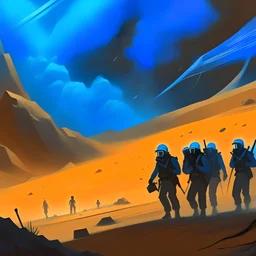 colored Concept art painting of a group researcher in an sand storm, epic, dramatic, aktion scene