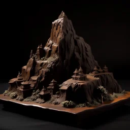 A dark brown mountain with a temple made out of clay designed in ancient Greek pottery painted by Qiu Ying