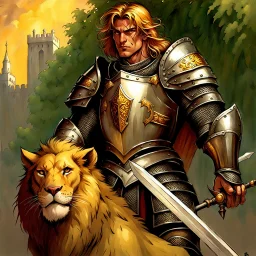 90's fantasy tcg art male knight with lion armor