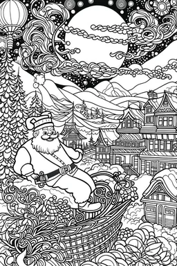 Get ready to add a pop of color to this vibrant and detailed coloring page! Featuring a bold ink line illustration of Santa Claus flying through the night sky on his sleigh, delivering gifts to excited children below. The black and white coloring page style adds a classic touch to this modern and dynamic scene.
