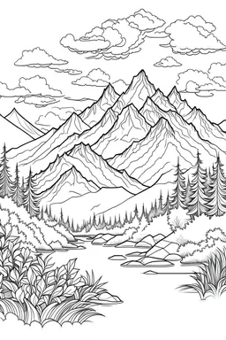 Outline art for coloring page with a cute mountain landscape white background, sketch style, only use outline, clean line art, white background, no shadows, clear outline