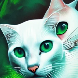 Gato branco de olhos azuis e gato preto de olhos verdes juntos em forma de ying yang