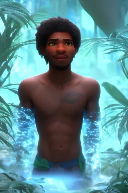 3D render of a cyberpunk tribal young black man, black hair and goatee, on a dark blue jungle background, digital art