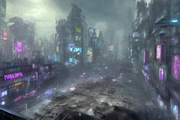 pos-apocalyptic cyberpunk city with destroyed buildings, a plubicity showing the number "2222", illuminated purple neon, dark, high contrast