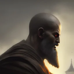 Portrait of a monk, fog, distant temple, profile, grim, dark, Frank Frazetta, Greg Rutkowski, hyperdetailed, dnd, trending on Artstation, Splash screen art, dynamic lighting, hyperdetailed, intricately detailed, a masterpiece, 8k resolution, high contrast, bearded,