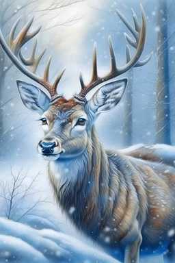 a painting of a deer in the snow, an airbrush painting, fantasy art, detailed painting, high detailed, official art, Christmas Reindeer Festive, close face,