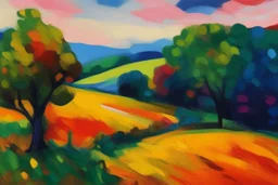 Paint a landscape in the style of Post- Impressionism, with bold colors and expressive brushstrokes.