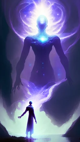 a giant floating cosmic entity comunicates telepathicly to a human figure who is trying to hide